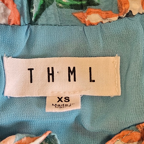 100% Cotton THML Blue Floral Sleeveless Dress Size XS Ruffle Neck/Hem Pockets - Picture 5 of 7